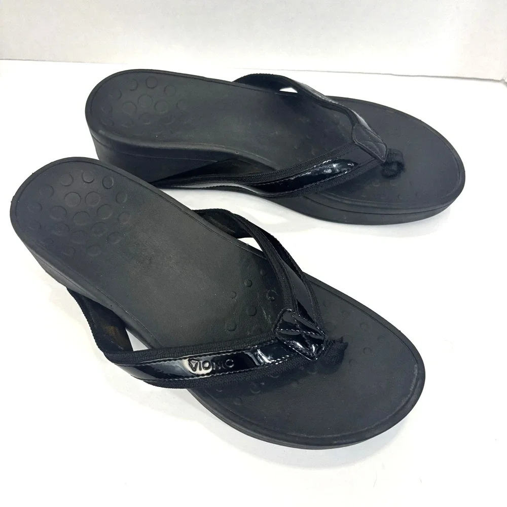 Vionic Platform Wedge Thong Sandals Womens 8 Black Comfort Flip Flops Shoes